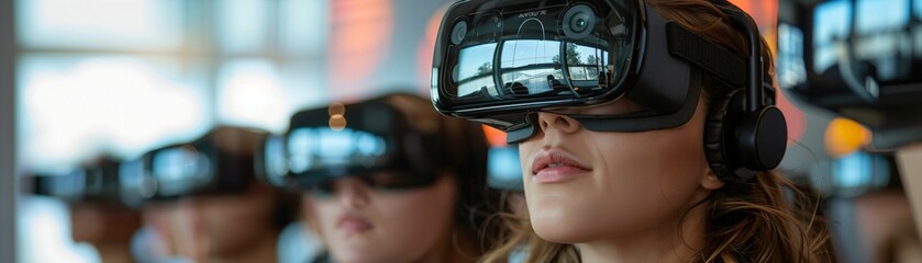 Naklejka premium Virtual reality meeting room, tech-savvy professionals, high-tech equipment