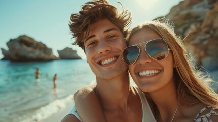 Obraz premium An outdoor selfie showing a young happy couple having fun outdoors on vacation, a handsome boyfriend and a beautiful girlfriend enjoying their summer holiday