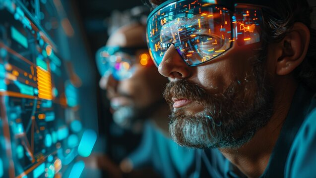 IT support team troubleshooting with holographic tools, modern workspace - Powered by Adobe