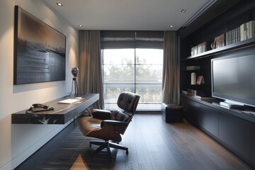 Fototapeta premium Minimalist Home Office with Modern Chair, Home office with a modern chair and minimalist desk