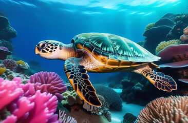 Obraz premium A sea turtle swims underwater against a background of pink corals and . The concept of turtle conservation and ecology