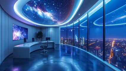 Futuristic office with holographic displays and AI assistants, modern furniture, minimalistic design