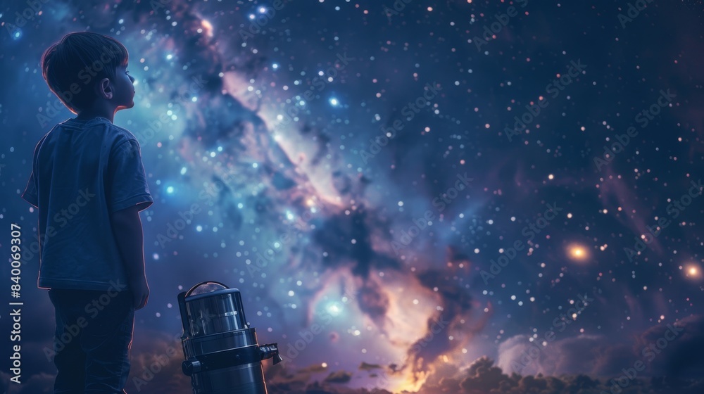 Wall mural young boy looking at galaxies and constellations during a night of stargazing.