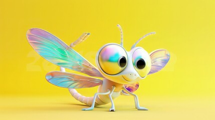 A cute 3D dragonfly cartoon character with iridescent wings and curious eyes, designed as a mascot for a water purification brand. The background is a vibrant yellow.