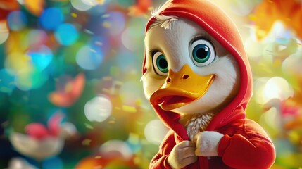 A cute cartoon duck character looking at camera and wearing a red hoodie with a colorful background.
