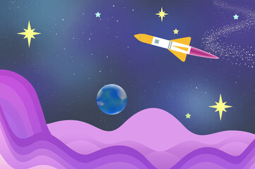 星空を飛行するロケットのイラスト