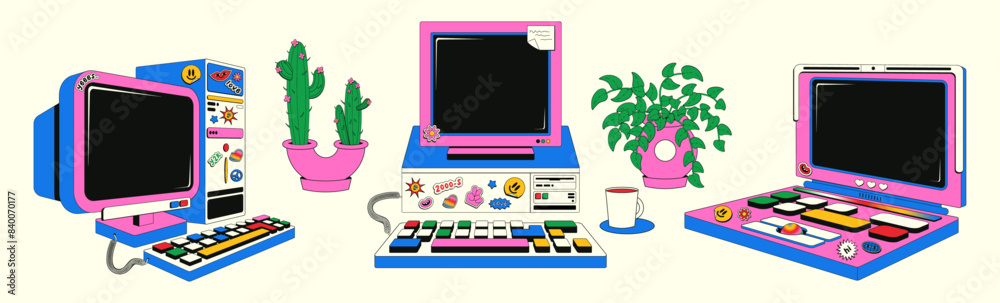 Fototapete Set of vintage computers in retro groovy style. Vector illustration of desktop computers with stickers. Y2k aesthetics.
