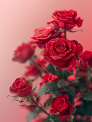 Cluster of red roses on green stems against a soft gradient background.