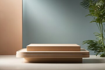 An empty geometric podium for the demonstration and installation of a product, cosmetics on a natural solid background on the wall, ray of light, potted plant, minimalism.