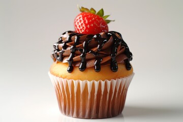 Vanilla cupcake with chocolate frosting and a fresh strawberry, a delightful and festive treat