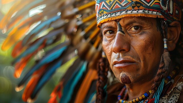 An image of a man dressed as Moctezuma, the historic aztec general