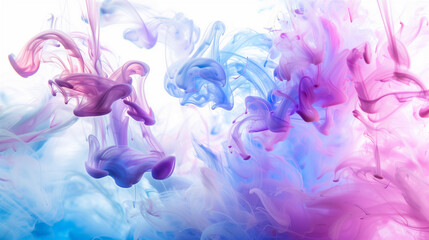 Blue and pink ink swirls in water on white background.