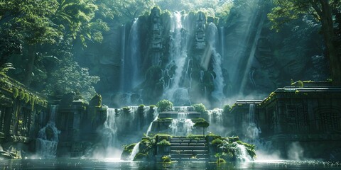 a great waterfall in a tropical rainforest river landscape with mysterious temple ruins