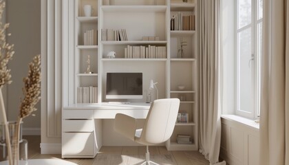 Fototapeta premium Serene Minimalist Study Room with Sleek White Desk