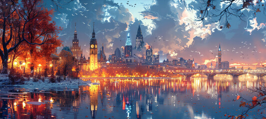 Fototapeta premium Detailed pixel art of a city skyline at night with a river