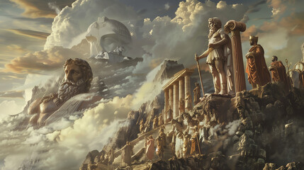 A painting of a group of people and a large statue of a lion. The painting is of a mountain with clouds and a sky
