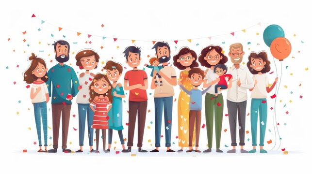 Scripted family reunion illustration on white background with festive background