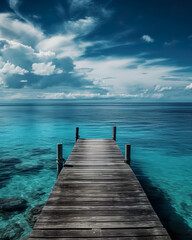 Fototapeta premium Dock Over Beautiful Crystal Blue Ocean Continuing Out Of Sight Into The Horizon - Generative AI