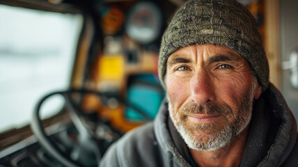 Middle-aged man with a beanie on a boat, looking thoughtful. - Powered by Adobe