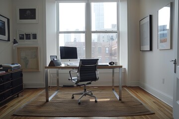 Fototapeta premium Minimalist Home Office with Simple Furniture, Home office with simple, modern furniture and clean decor