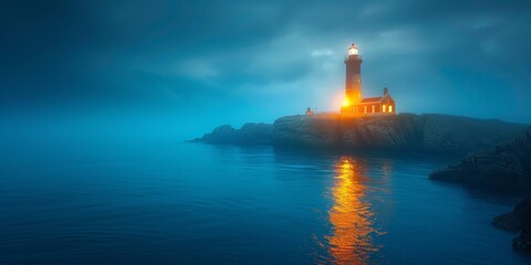 Fototapeta premium A lighthouse on a small island in the ocean at night