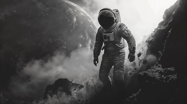Dramatic Sci-Fi Image with Astronaut Exploring the Unknown. Pioneering Technology Concept.