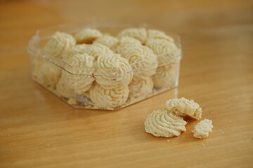 Sago cheese cookies on wooden table 