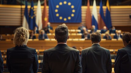 Fototapeta premium The European Union flag is displayed in front of the back of a formal unrecognizable politician in front of the European Union parliament in this concept image about European Union politics