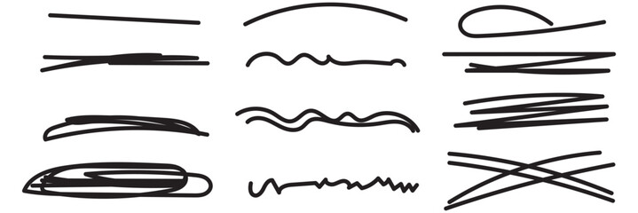 Swift crossed and wavy underlines. Underline markers collection. Vector illustration of scribble lines isolated on white background.