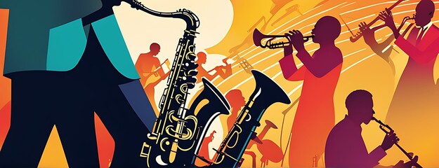 Jazz music poster with band instruments, saxophone, piano, and abstract art