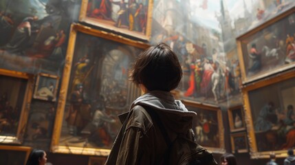 A person is looking at a painting with the words Museum Day written underneath to commemorate this international day of museums