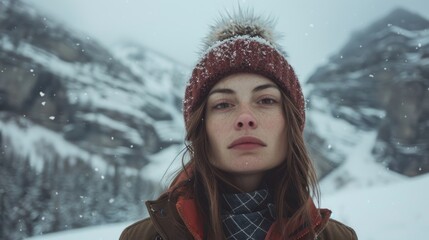 The portrait depicts a young woman in her 20s enjoying a winter outdoor trip with a Caucasian female in front of a snowy mountain.