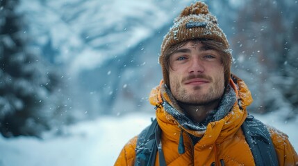 Fototapeta premium Portrait of a young man in his 20s enjoying a winter outdoor trip with a Caucasian male next to a snowy mountain in the background