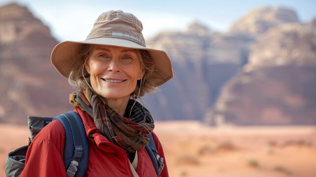 An adventurous woman on vacation in the desert, her smiling face conveys her enjoyment of her trip