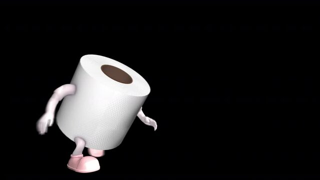 Seamless cartoon animation of a dancing toilet paper roll isolated with alpha channel.Funny character for kids background.
