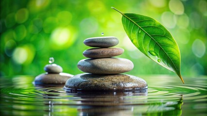 Zen stones stacked with green leaves and a water droplet on top , meditation, balance, harmony, tranquility, peace, nature, relaxation, mindfulness, spirituality, calm, stack, pebbles