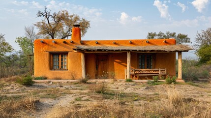 Obraz premium Single-story house made from sun-dried clay bricks with flat roofs and earth-toned exteriors