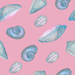 sea shells seamless pattern isolated on pink background watercolor illustration base for textile design, stickers, cards, banners