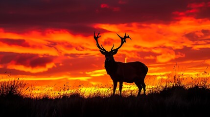 Silhouette of a stag against the backdrop of a fiery sunset, its imposing figure framed by the vibrant hues of the evening sky as it pauses majestically on a grassy hilltop.