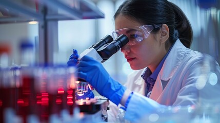 Determining Cardiovascular Risk Factors Medical Researcher Analyzing Blood Samples for Cholesterol Levels Under Microscope