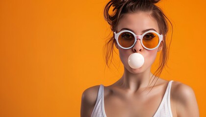 Sassy and Stylish: Gorgeous Woman Popping Bubble Gum in Sunglasses against Vibrant Orange Background