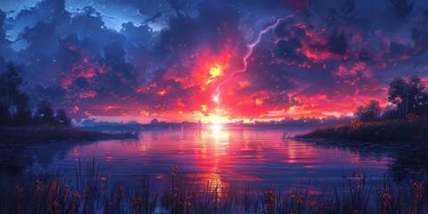 Fototapeta premium A serene sunset scene featuring a lake with a dramatic lightning bolt in the sky