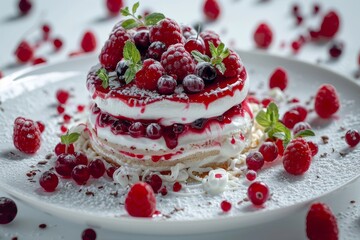 Elegant layered raspberry cake with fresh raspberries and powdered sugar, a perfect gourmet dessert