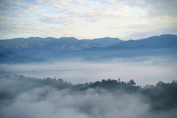 the atmosphere of the mountain with mist in the morning