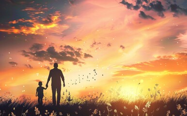 In celebration of International Migrants Day, father and son are pictured holding hands on a meadow background with an autumn sunset in the background
