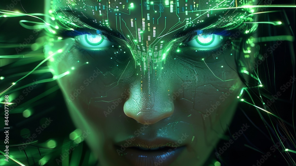 Poster glowing white eyes of female cyborg with long hair made from circuitry and green neon lines in the s