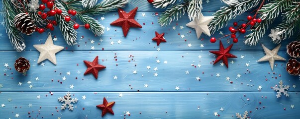 On a snowy plank, fir branches and ornaments adorn the Christmas background