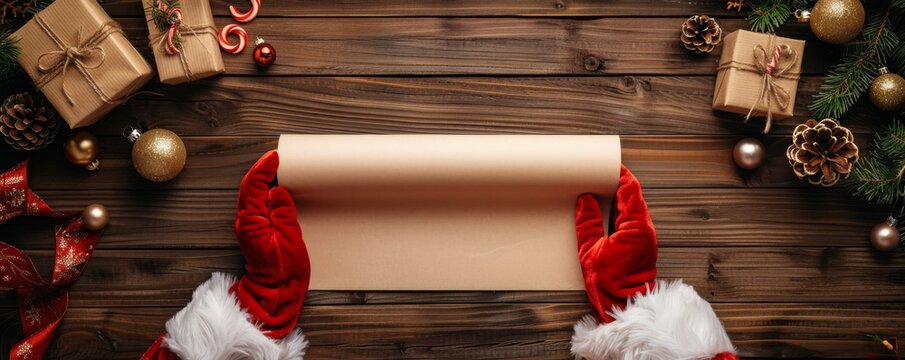 A Santa Claus desk reading wish list with an ornament and a Christmas gift