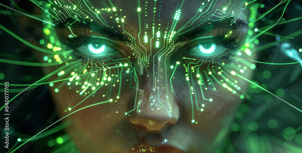 Poster glowing white eyes of female cyborg with long hair made from circuitry and green neon lines in the s