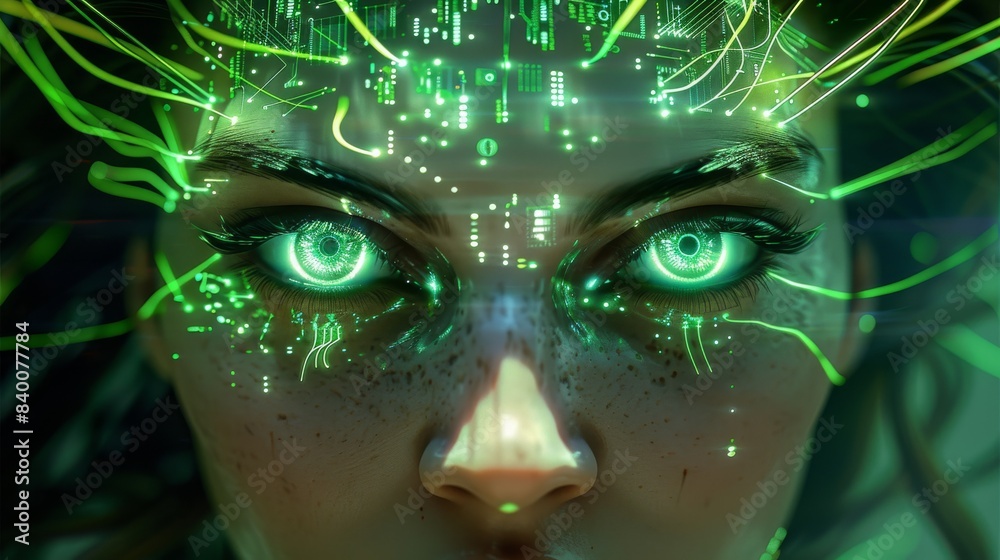 Poster glowing white eyes of female cyborg with long hair made from circuitry and green neon lines in the s